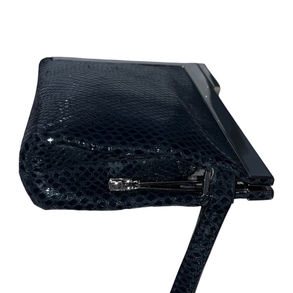 Calvin Klein Black Leather Snakeskin-Print Silver-tone Frame Wristlet Clutch - Picture 6 of 11